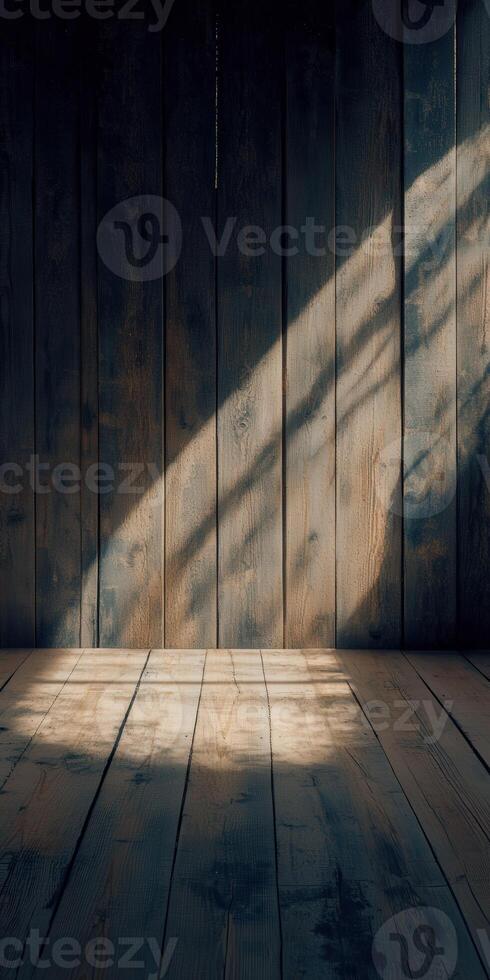 Sunlight casting shadows on a rustic wooden floor in a cozy room photo