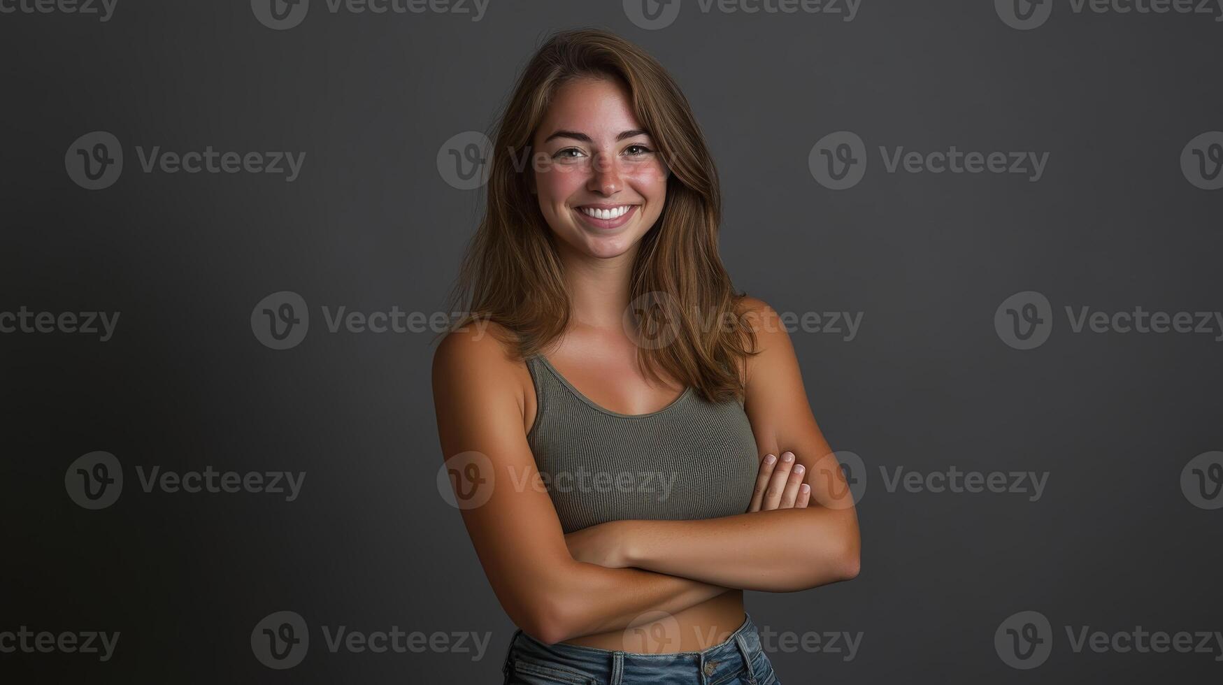 Young woman smiling confidently with arms crossed in a studio setting photo