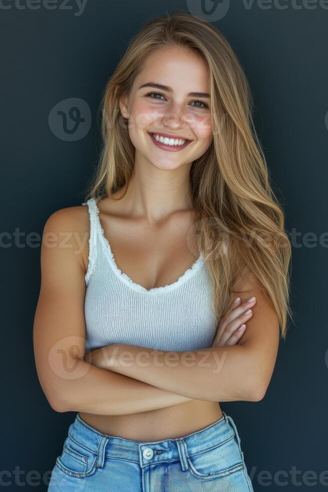 Young woman smiling against a dark background in casual attire photo