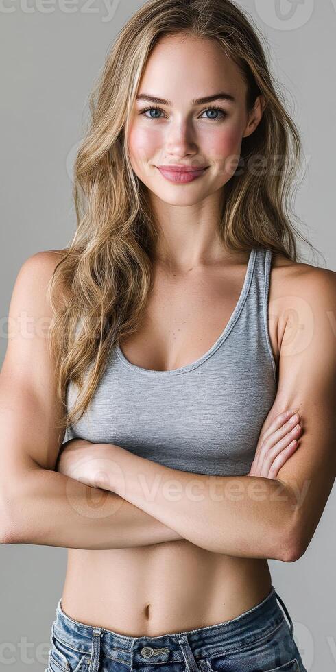 Young woman with a confident smile posing in casual attire photo