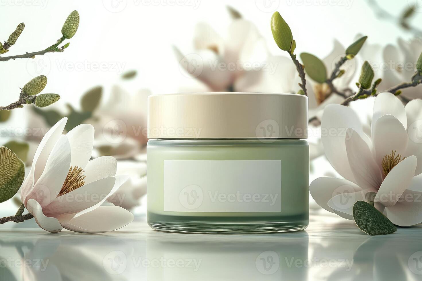 Cosmetic cream jar surrounded by white magnolia flowers photo