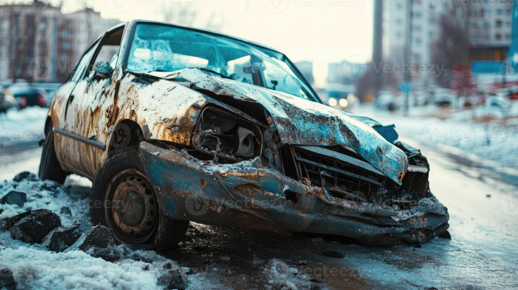 Wrecked car sitting on side of snowy city street after accident photo