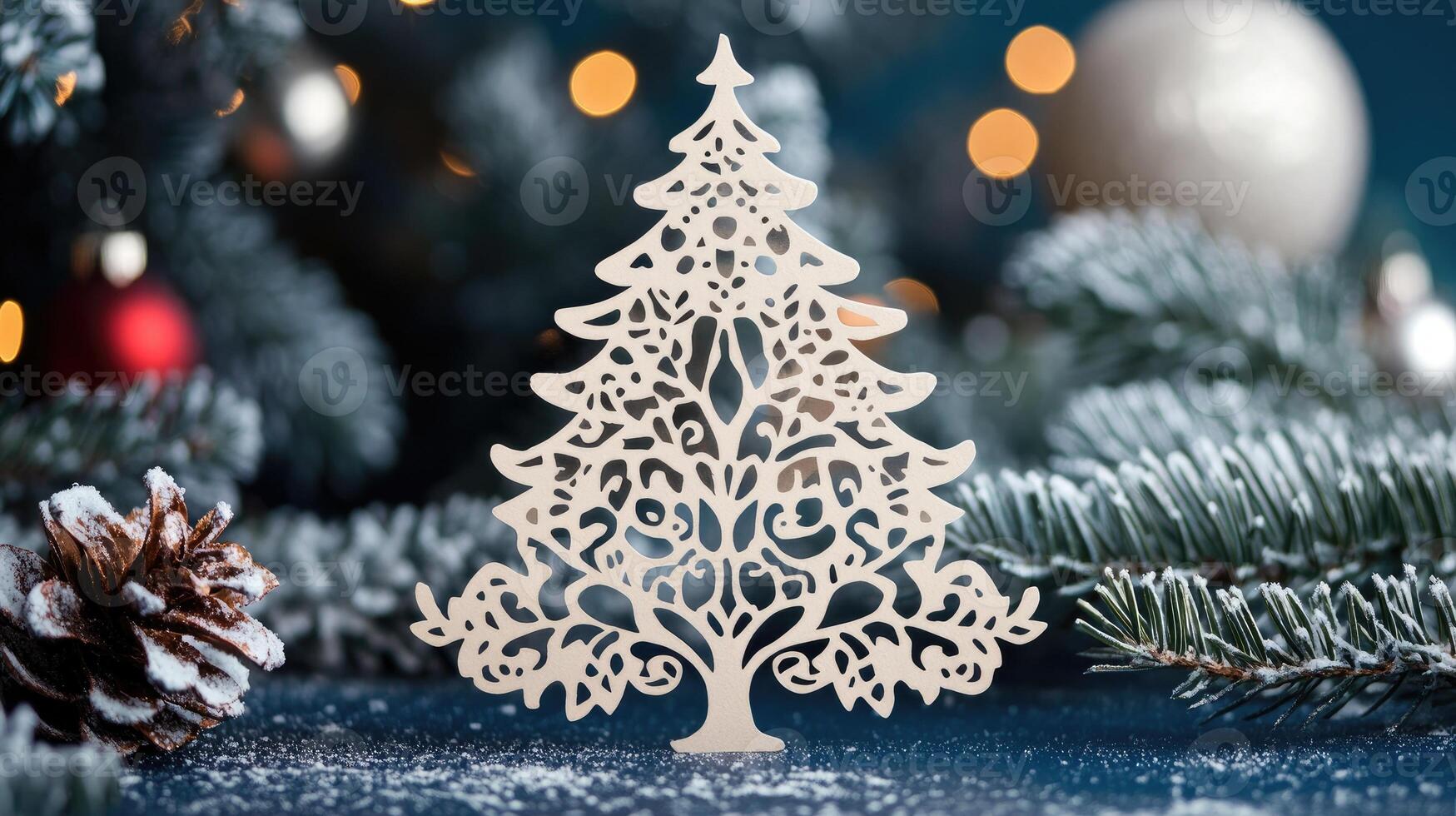 Delicate white christmas tree decoration standing on snowy surface photo