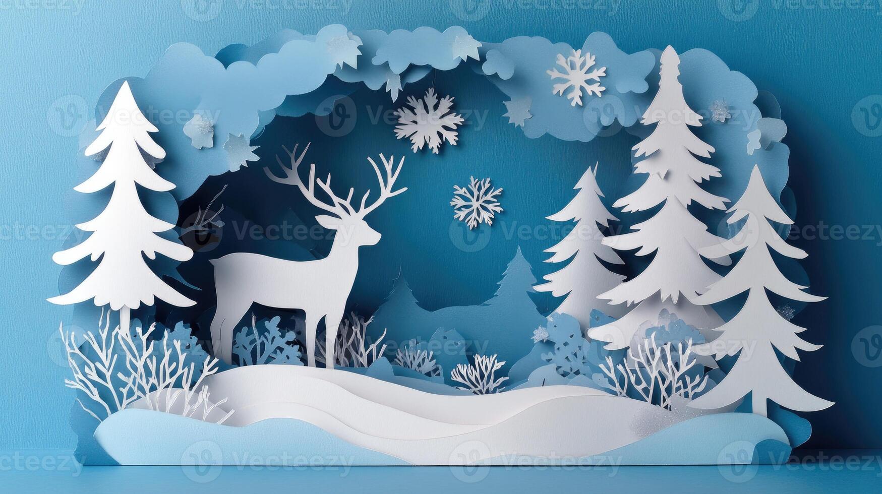 Paper art christmas greeting card with deer and forest photo