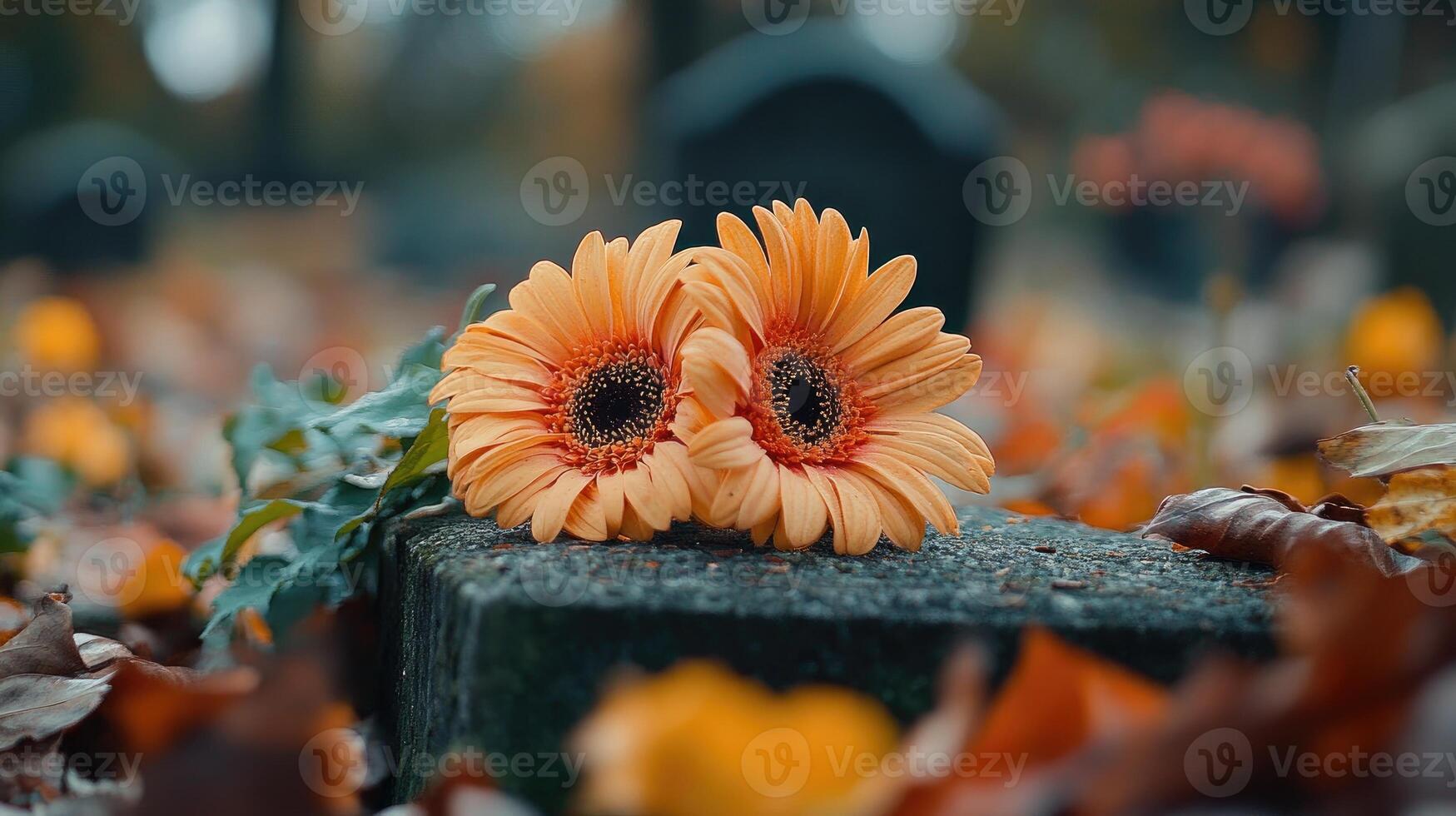 Two gerbera flowers resting on a headstone in a cemetery photo