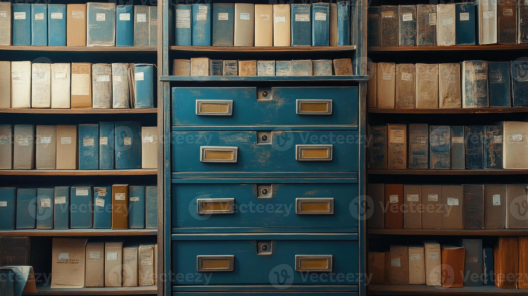Old blue wooden card catalog surrounded by bookshelves full of books in a library photo