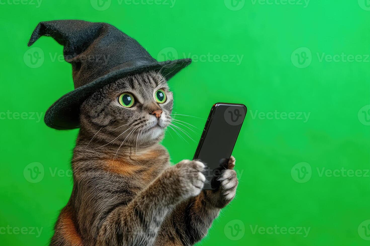 Funny cat wearing witch hat using smartphone on green background photo