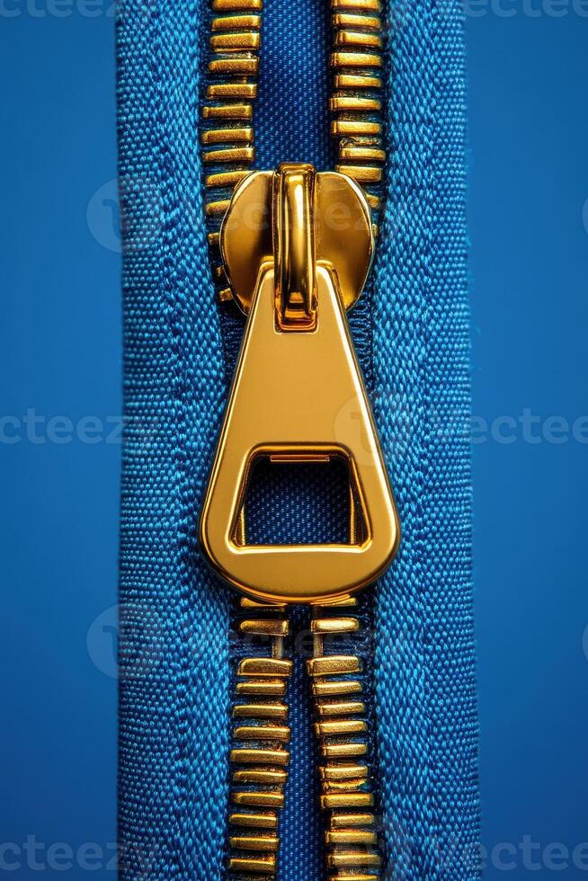 Golden zipper fastener on blue fabric showing macro detail of teeth photo