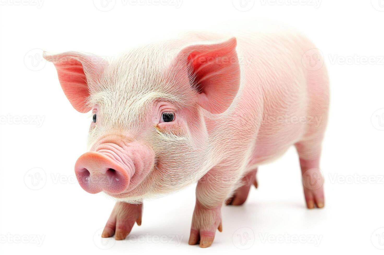 Pink piglet standing on white background photo