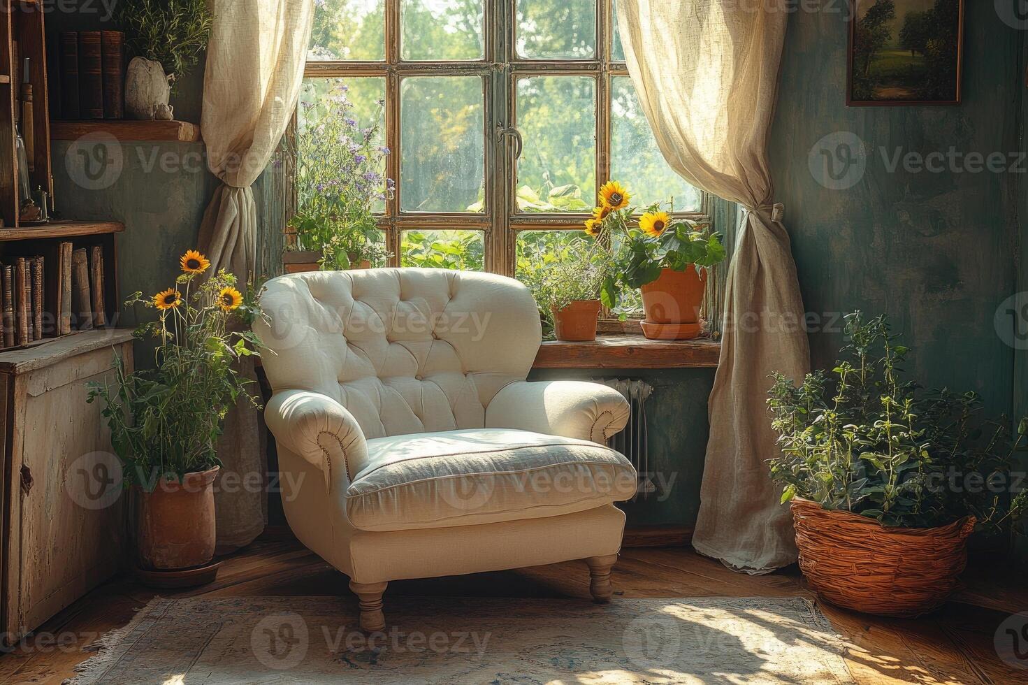 White armchair standing in sunny room with sunflowers by the window photo