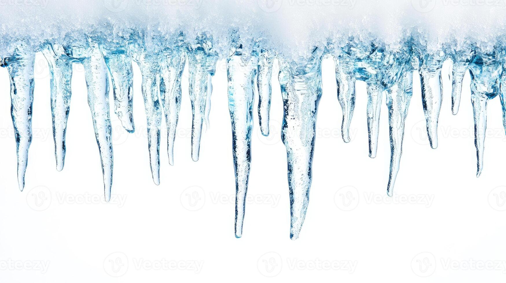 Sharp icicles hanging from a snow covered roof with white background photo
