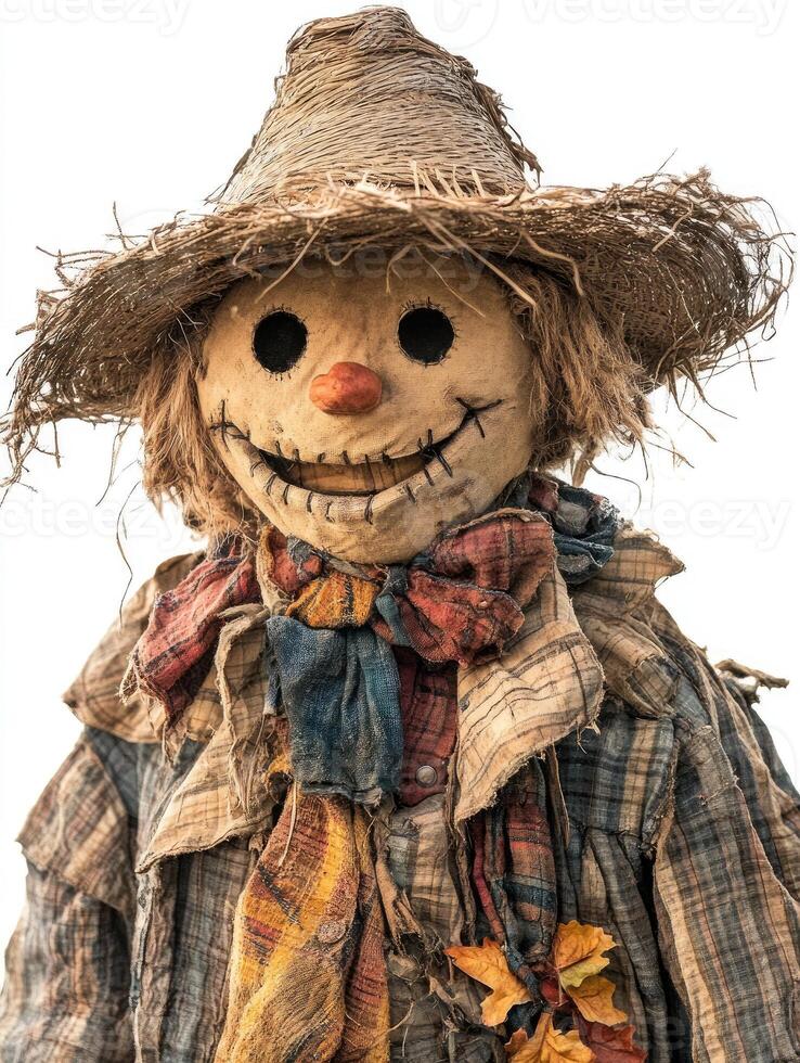 Smiling scarecrow wearing a straw hat and colorful clothes photo