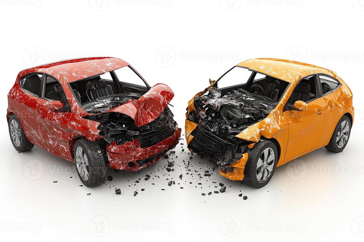 Two cars crashing head-on with extensive damages photo