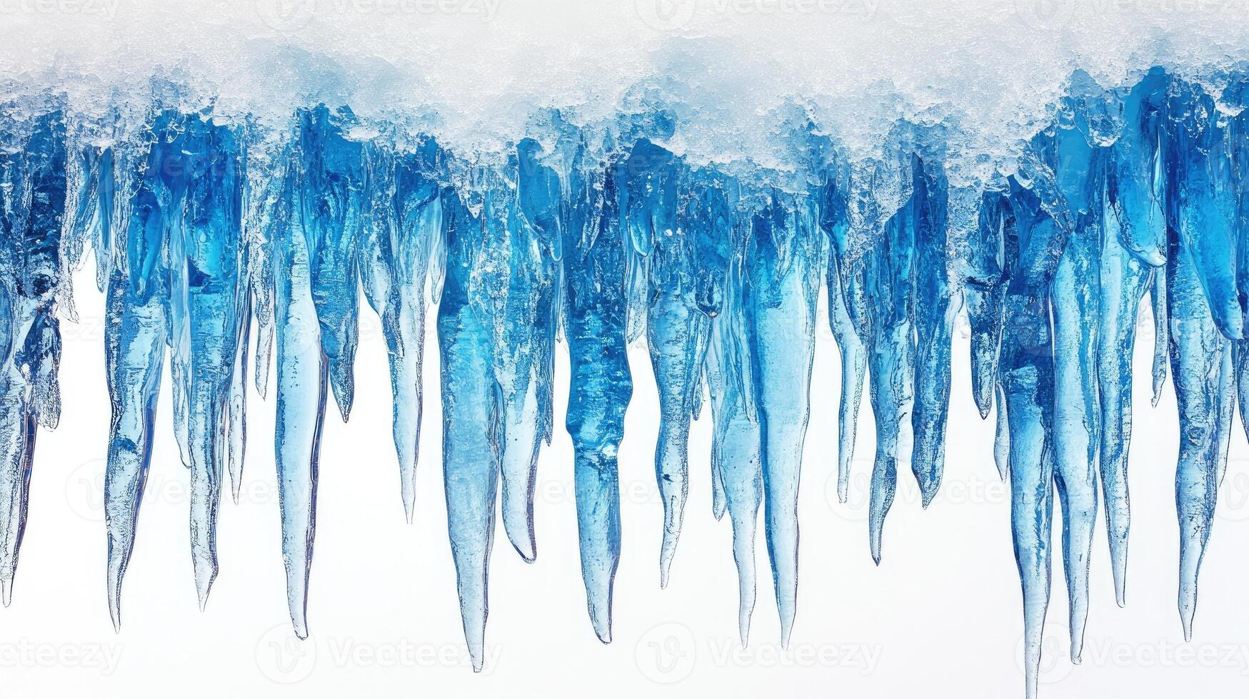 Sharp icicles hanging from a snow covered roof with white background photo