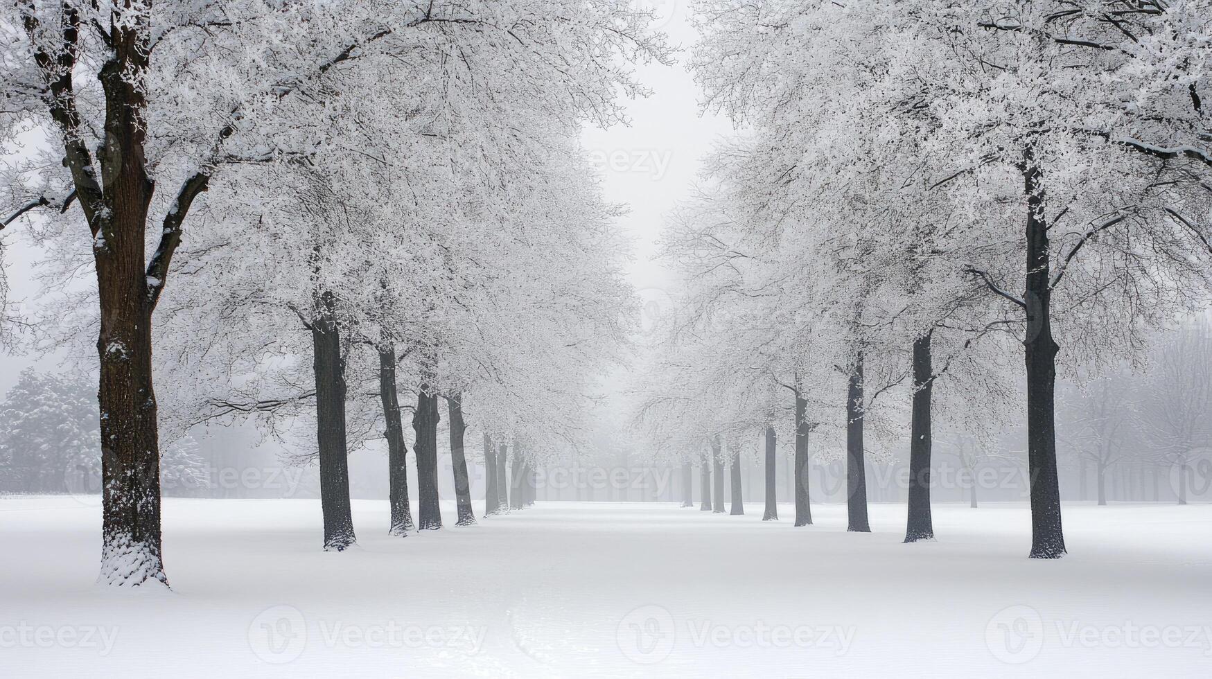 Snow covered path winding through trees covered in fresh snowfall photo