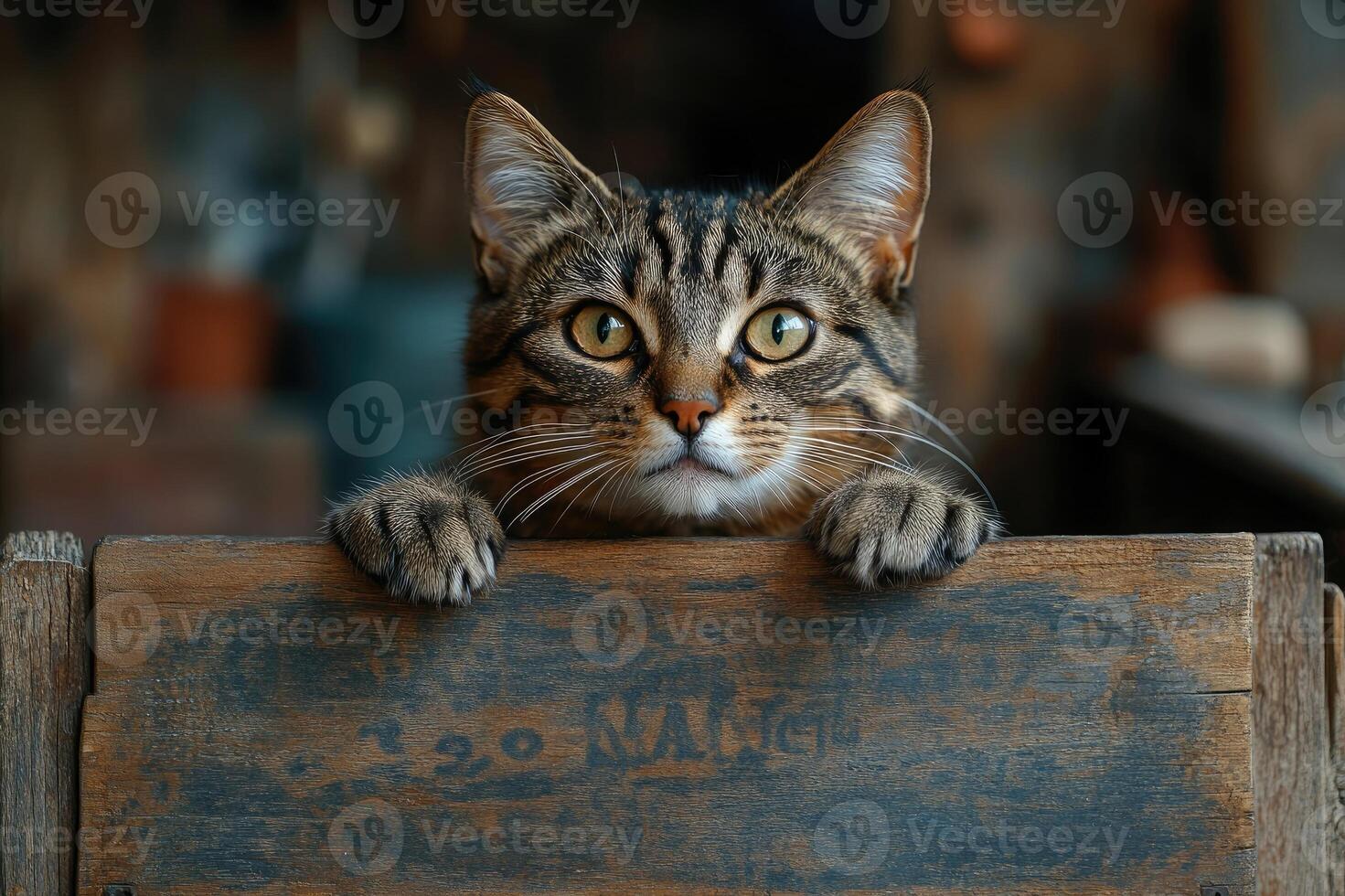 Curious tabby cat peeking over a wooden fence photo
