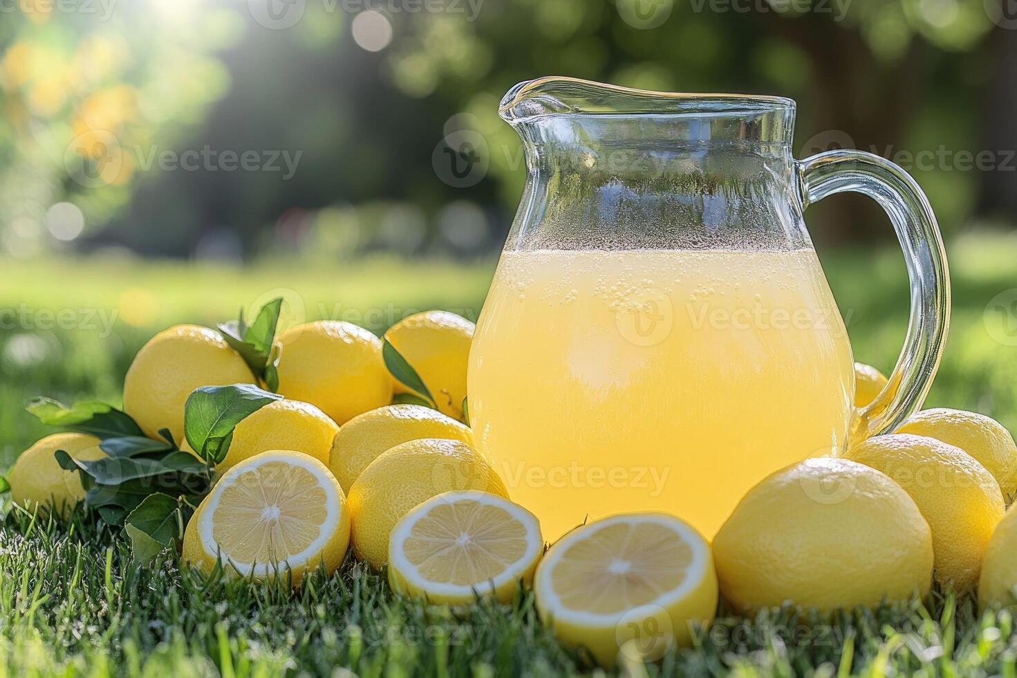 Refreshing lemonade pitcher resting on grass with lemons around photo