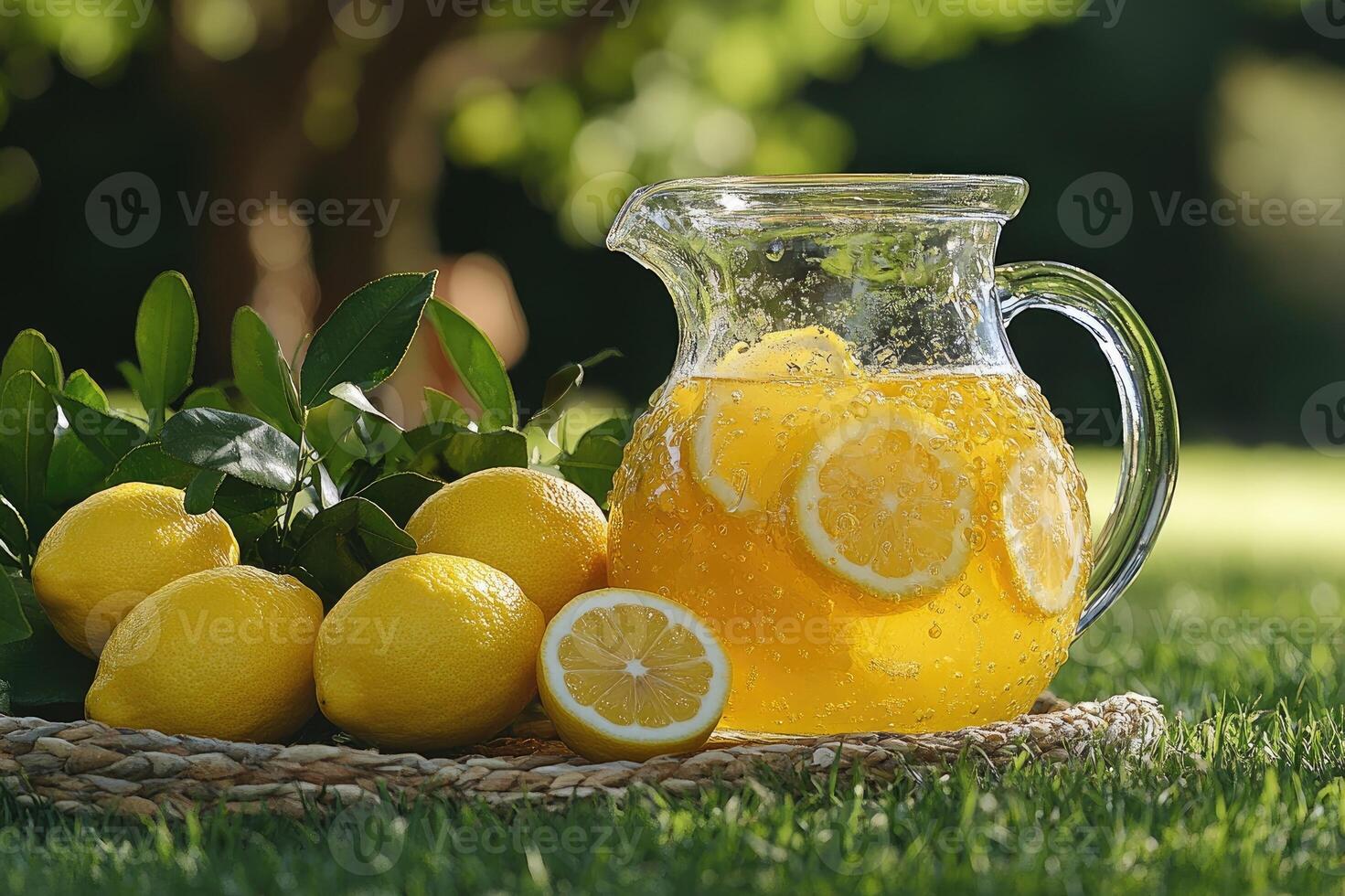 Refreshing lemonade pitcher resting on grass with lemons around photo