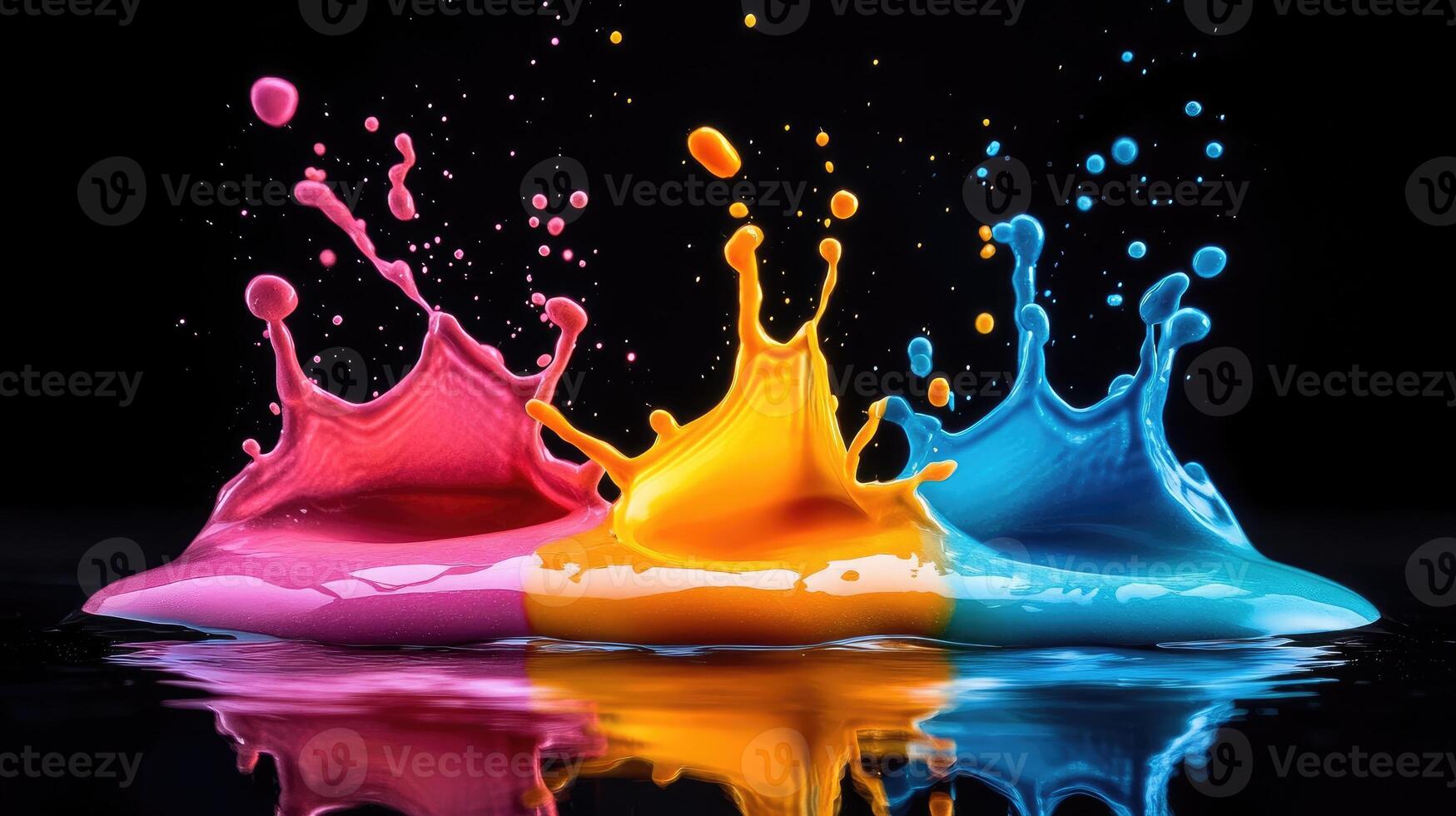 Colorful paint splashing on black background creating graphic design element photo