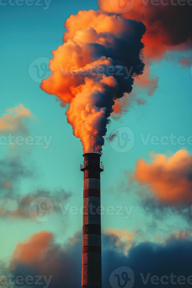 Industrial chimney releasing pollution into atmosphere at sunset photo