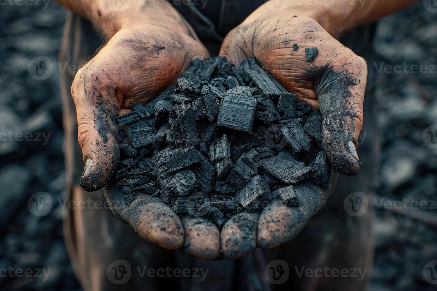 Coal miner holding pieces of coal in hands wearing dirty gloves photo