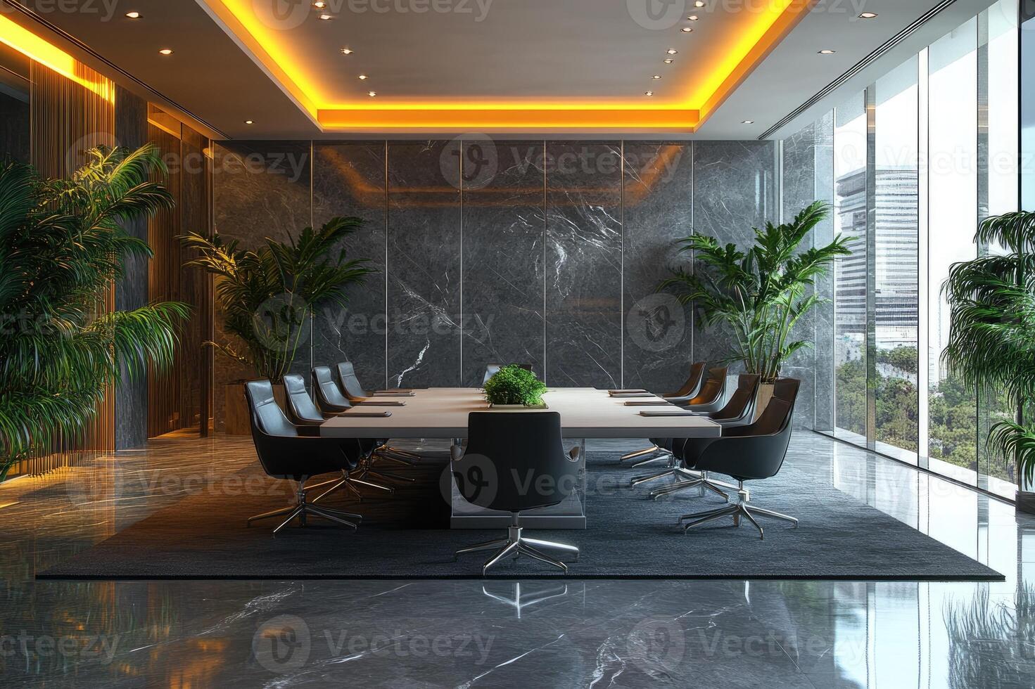 Modern boardroom with a view featuring a large meeting table and comfortable chairs photo