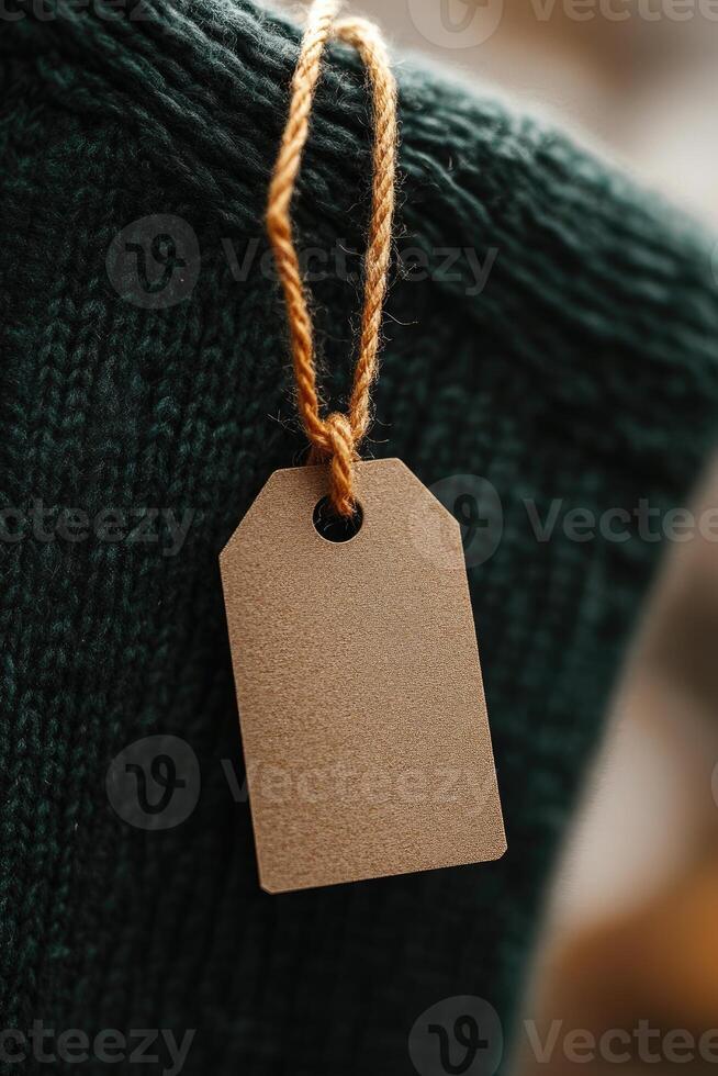 Blank cardboard price tag hanging on green knitted wool fabric photo