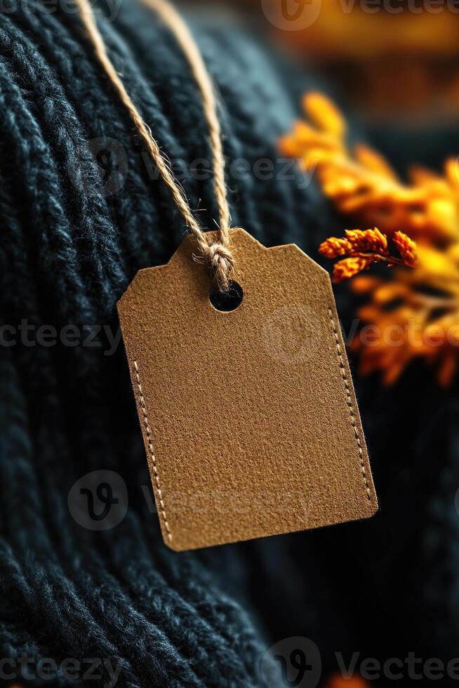 Blank cardboard tag hanging from a string on a blue sweater photo