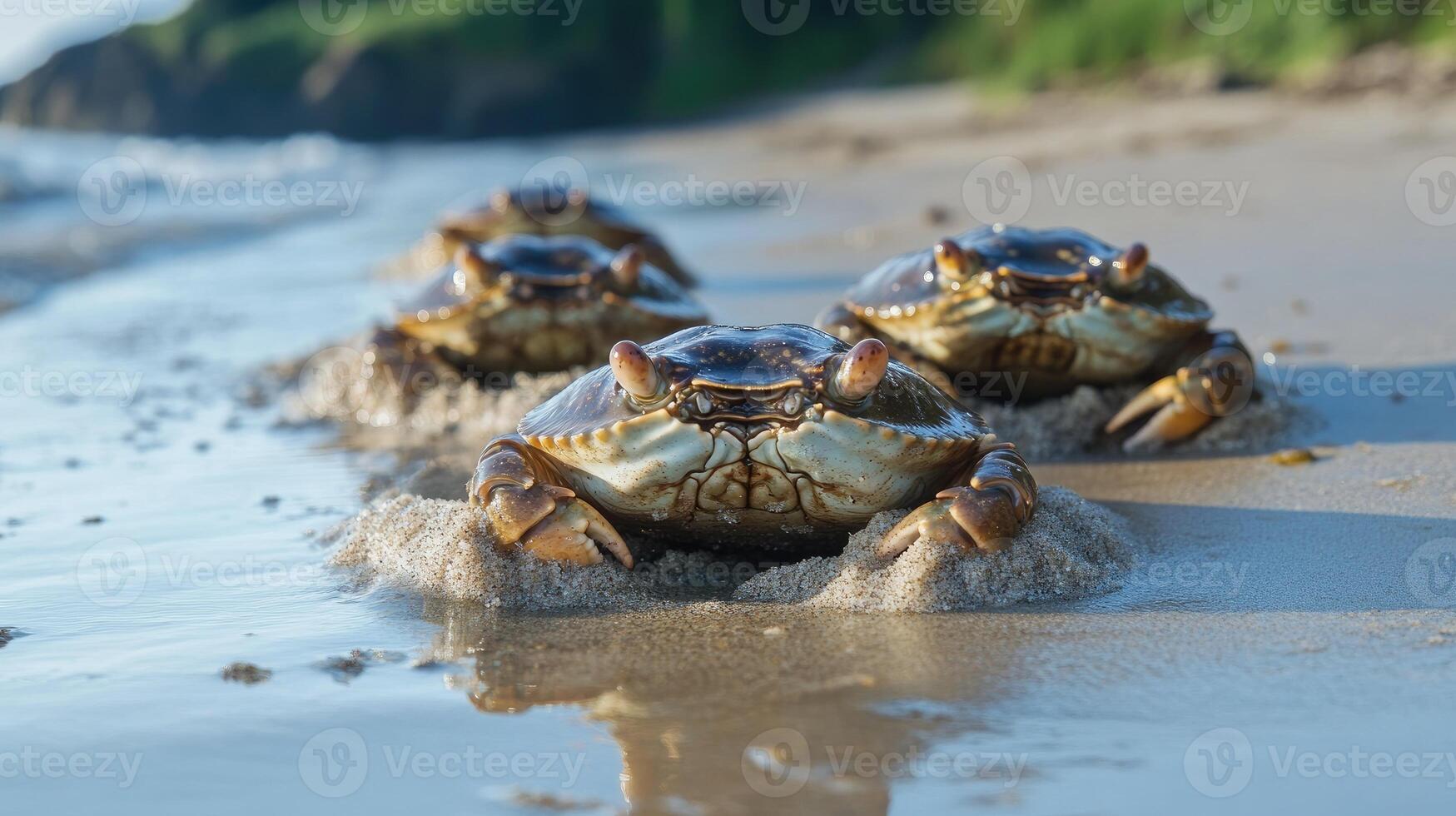 Crabs walking on the beach towards the ocean at low tide photo