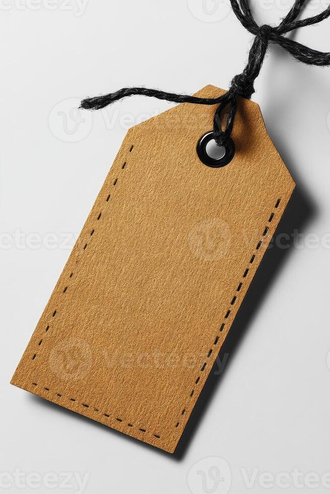 Blank cardboard tag with black string lying on white background photo
