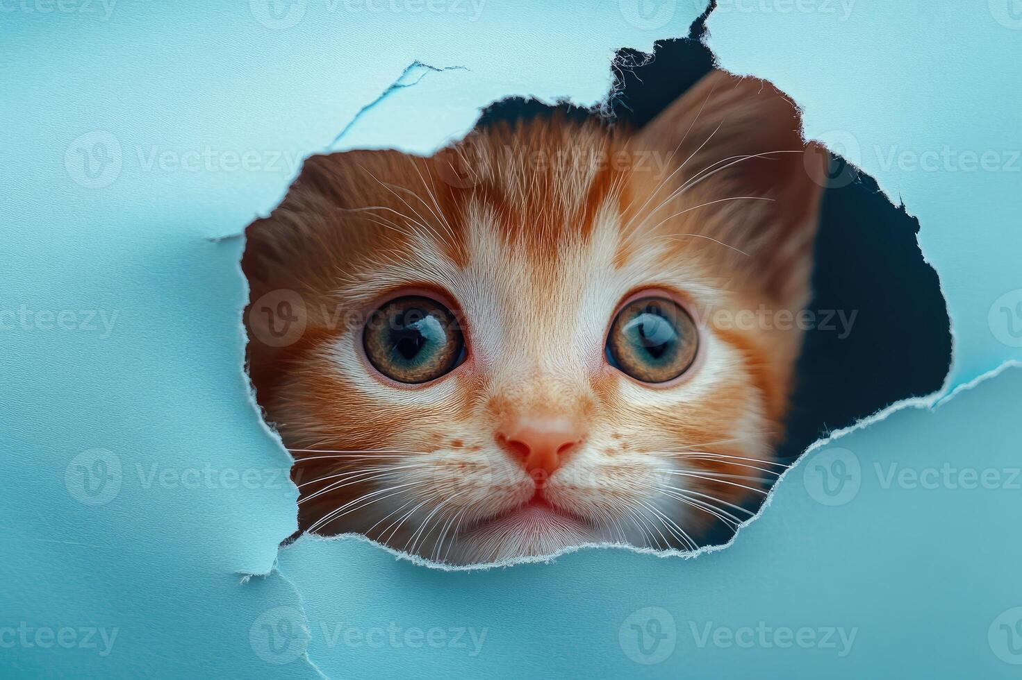 Cute ginger kitten peeking out of torn paper hole photo