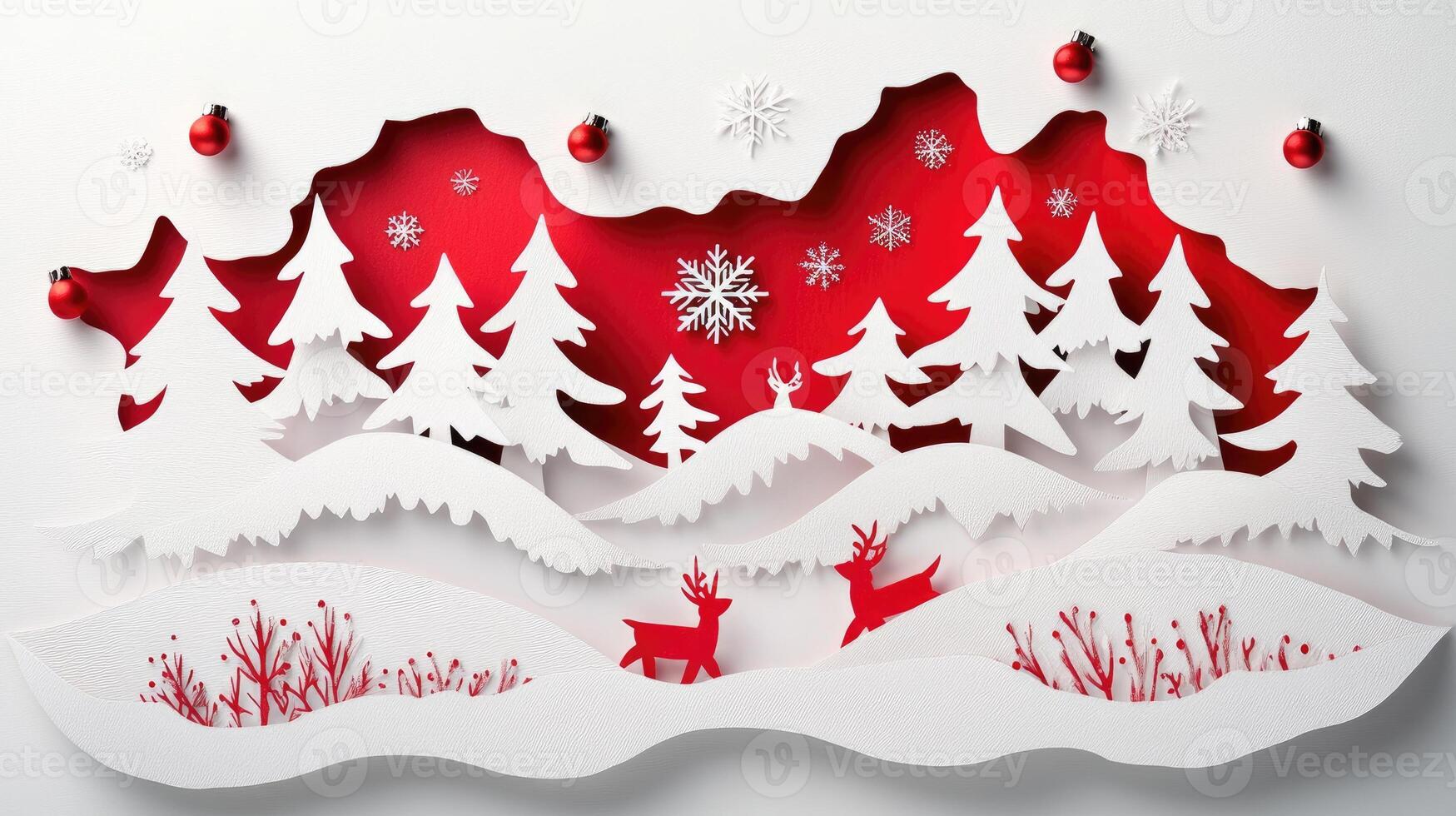 Christmas paper art landscape with reindeers and fir trees celebrating winter holidays photo