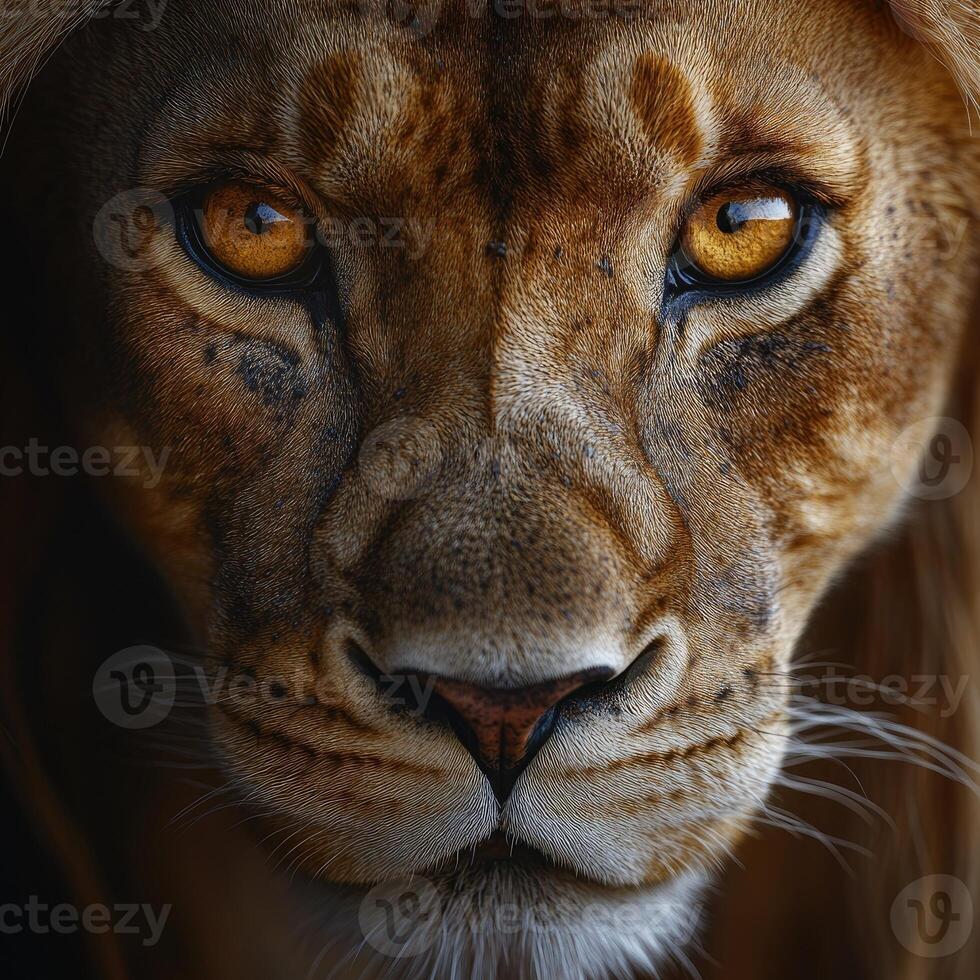 Intense lioness staring with deep amber eyes photo