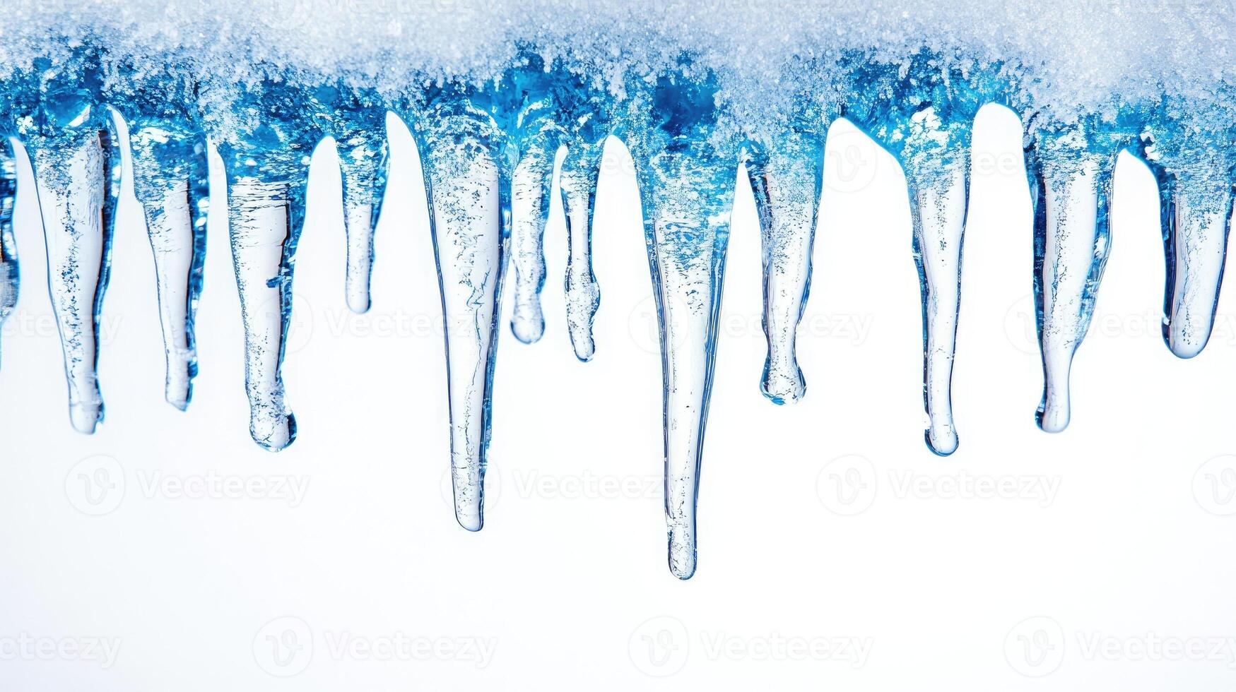 Sharp icicles hanging from a snow covered roof with white background photo