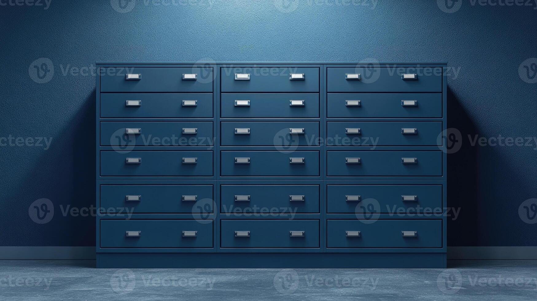 Blue metal filing cabinet standing in an empty room photo