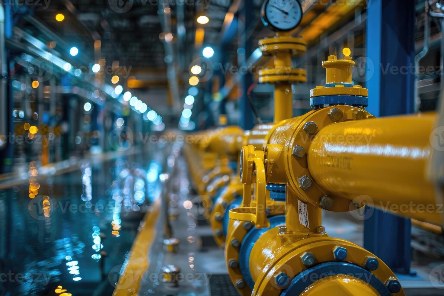 Yellow pipeline system running inside factory building photo