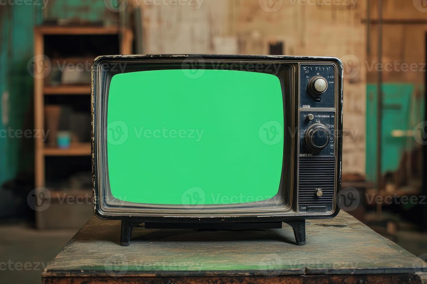 Old vintage tv with green screen standing on table in cozy living room photo