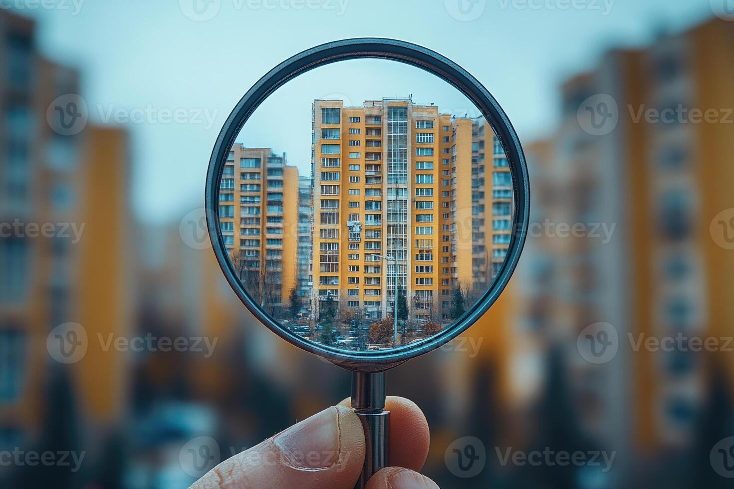 Real estate agent searching for property using magnifying glass photo