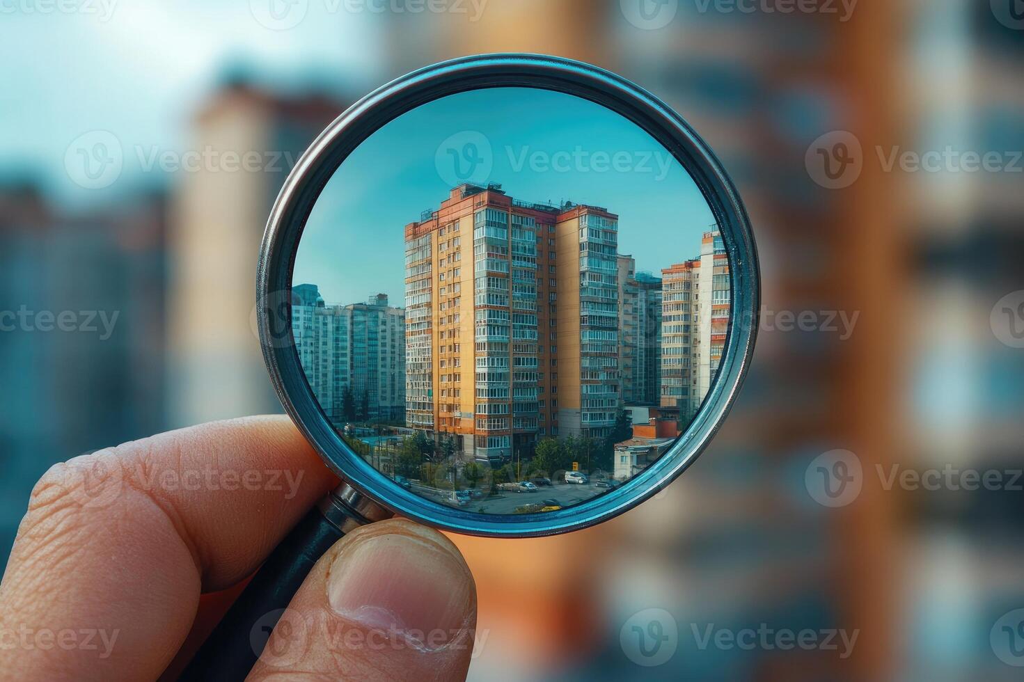 Real estate agent searching for property using magnifying glass photo