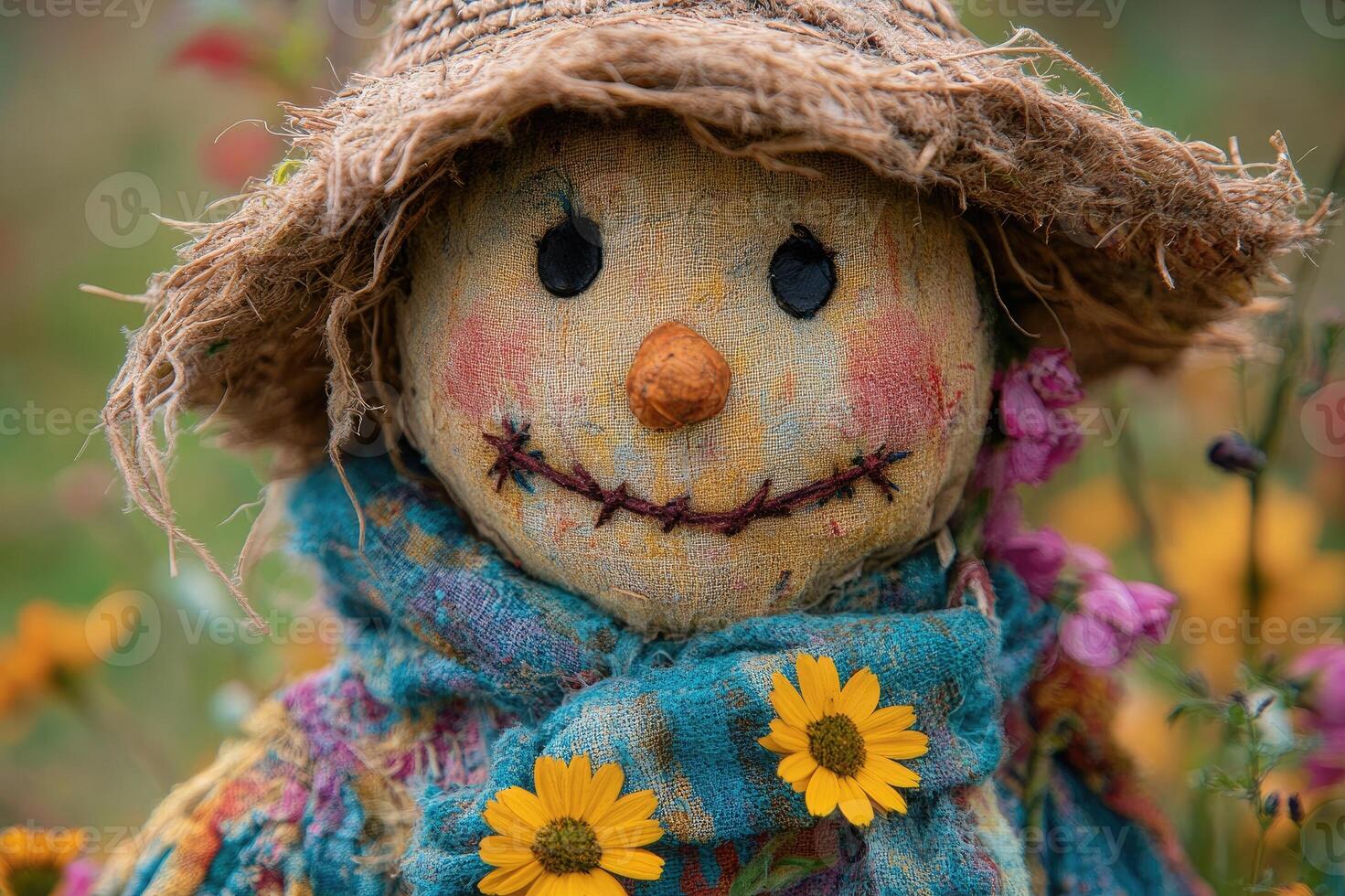 Smiling scarecrow is protecting a field of flowers photo