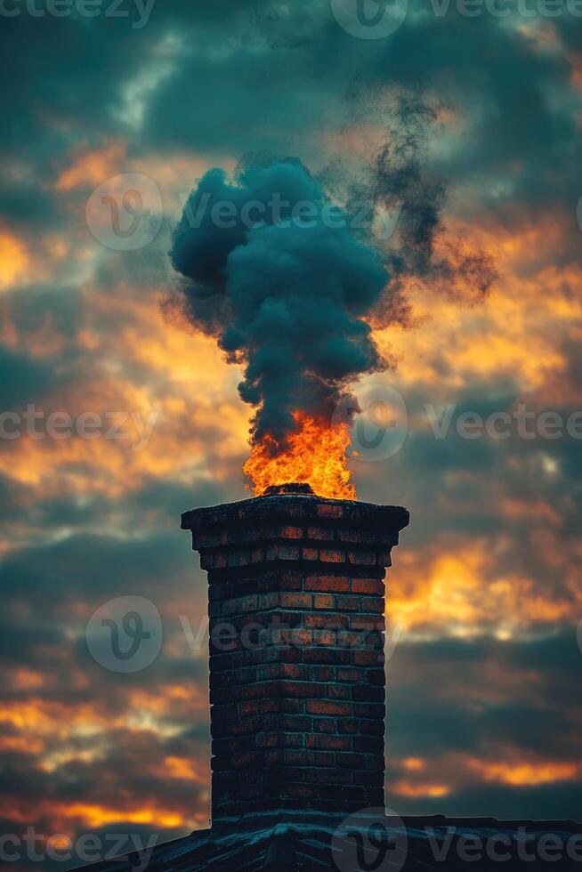 Brick chimney releasing smoke and fire at sunset photo