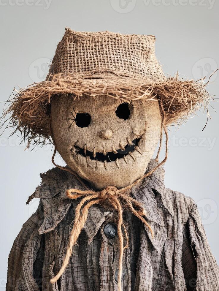 Smiling scarecrow wearing a straw hat and colorful clothes photo