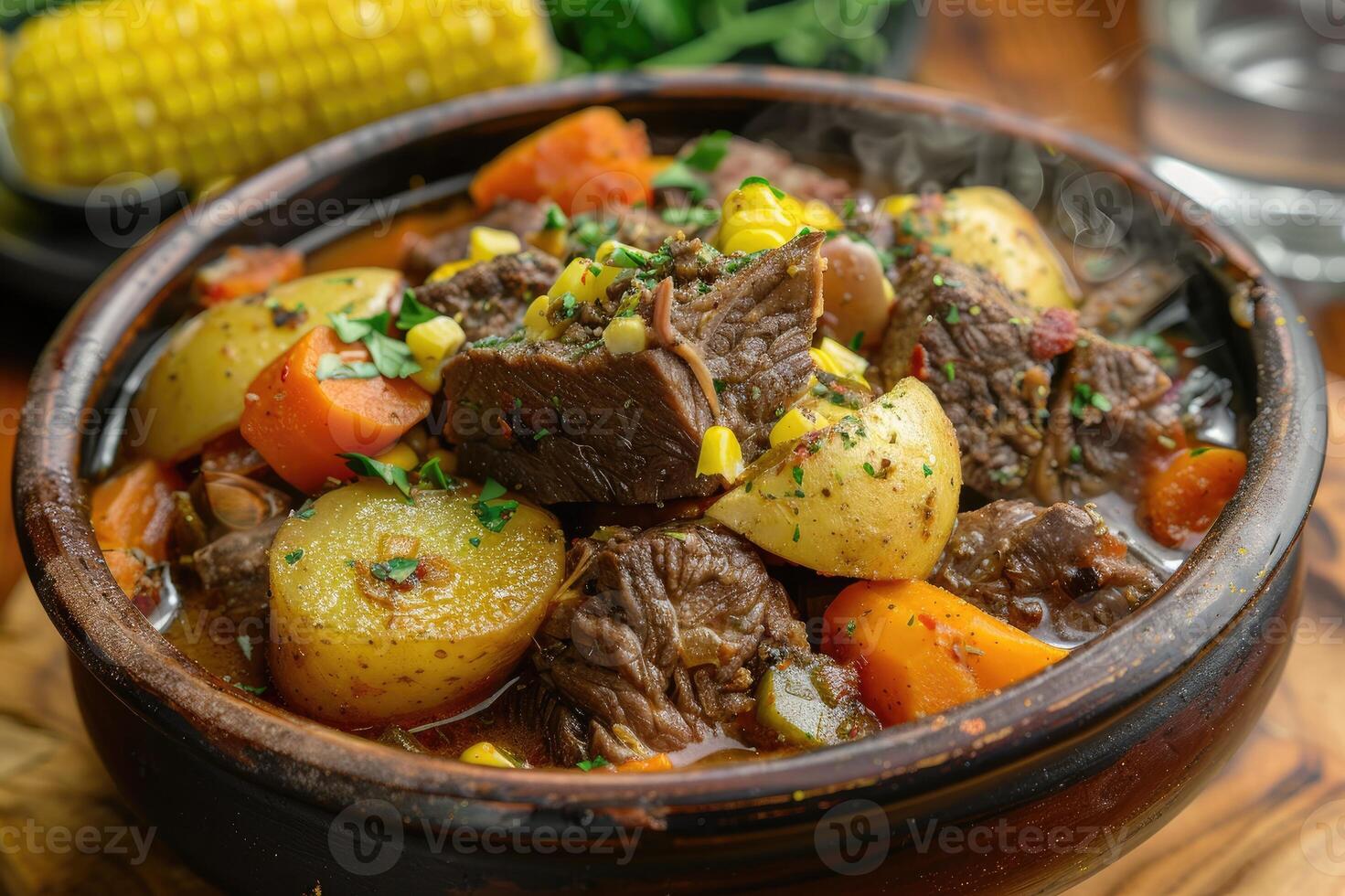 Delicious traditional south american cazuela serving in rustic clay bowl photo