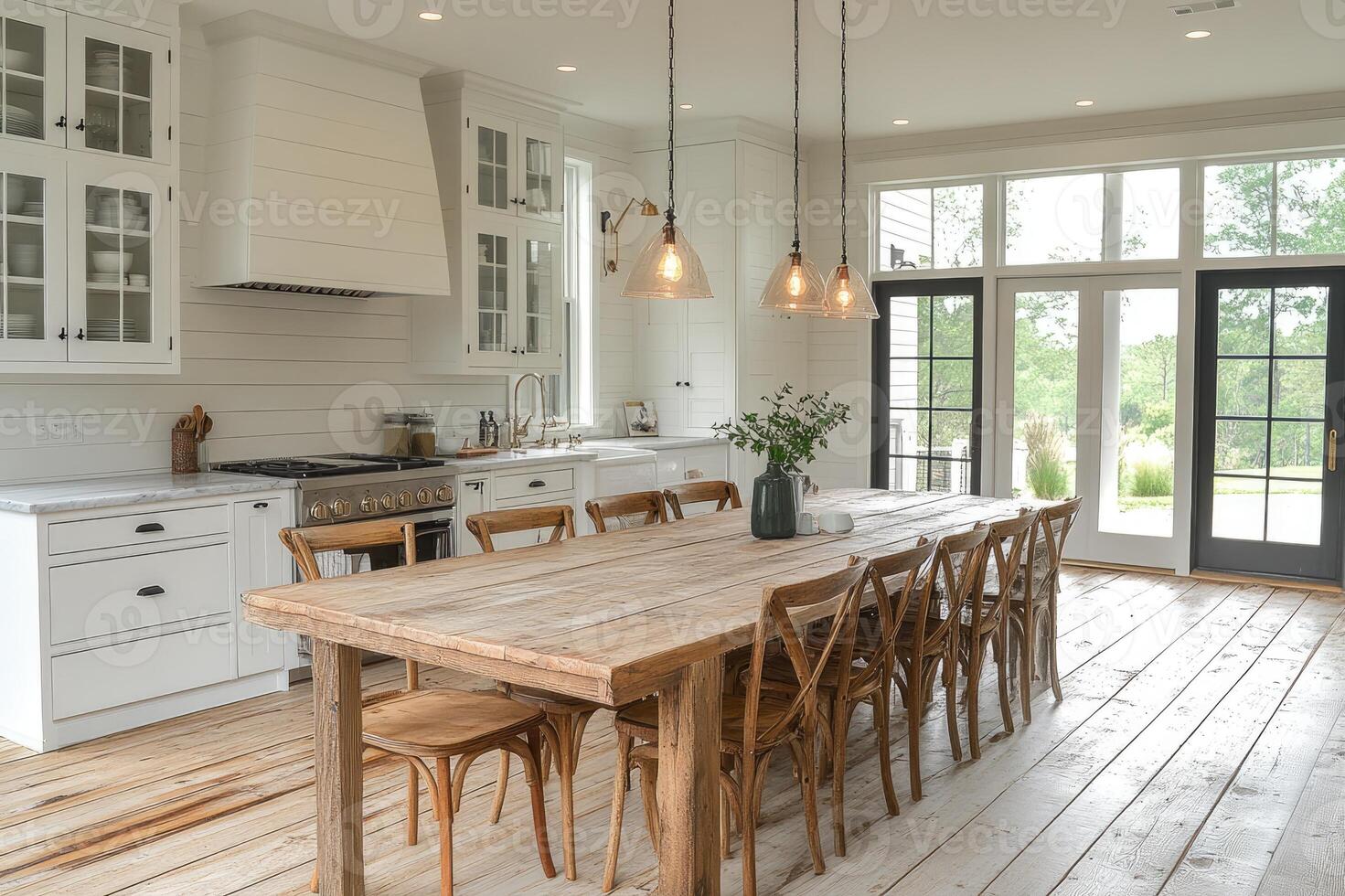 Large rustic dining table illuminating modern farmhouse kitchen design photo