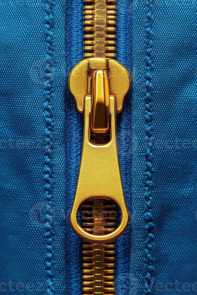 Golden zipper fastener on blue fabric showing macro detail of teeth photo