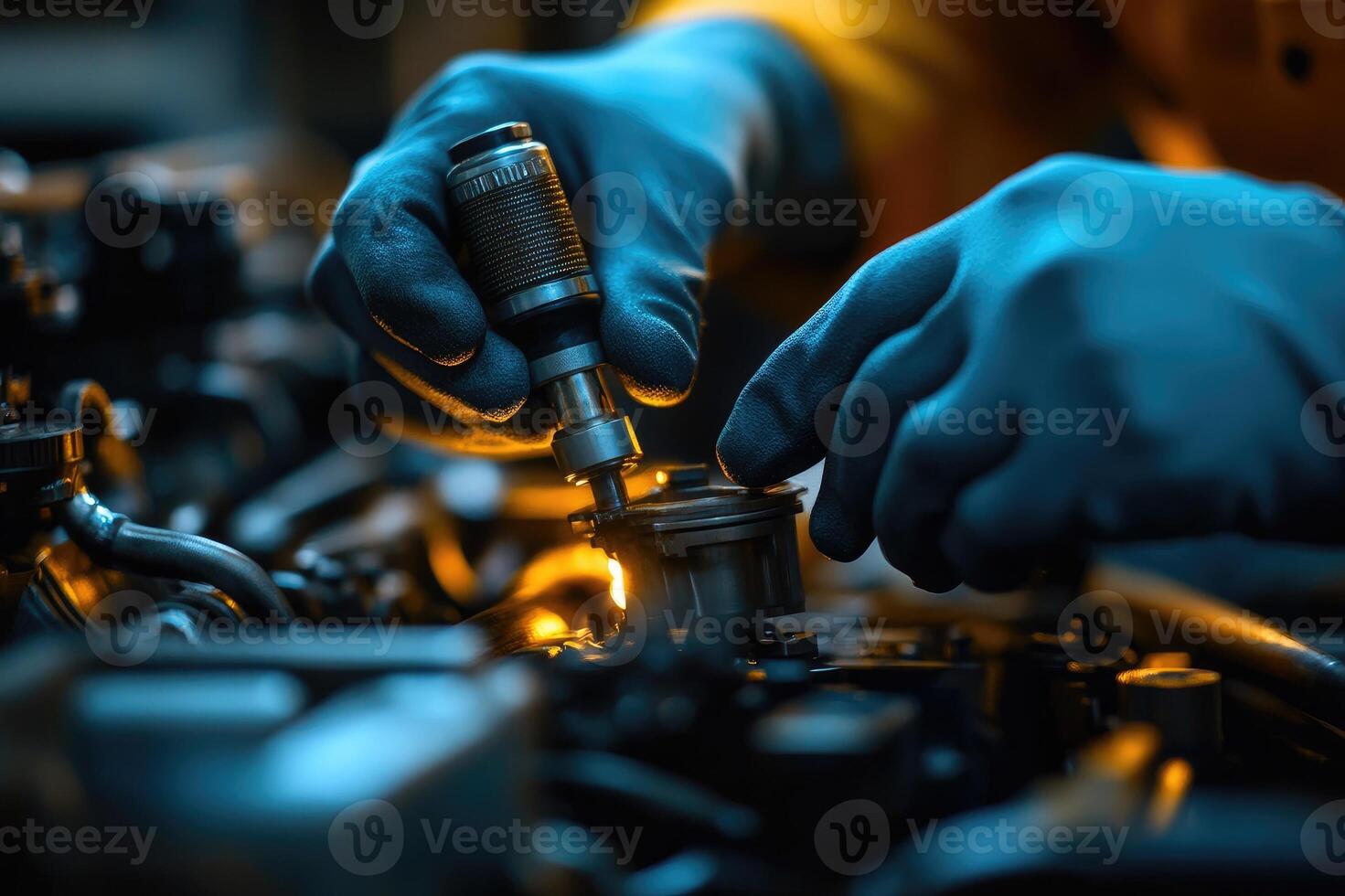 Auto mechanic working on car engine using specialized tool photo