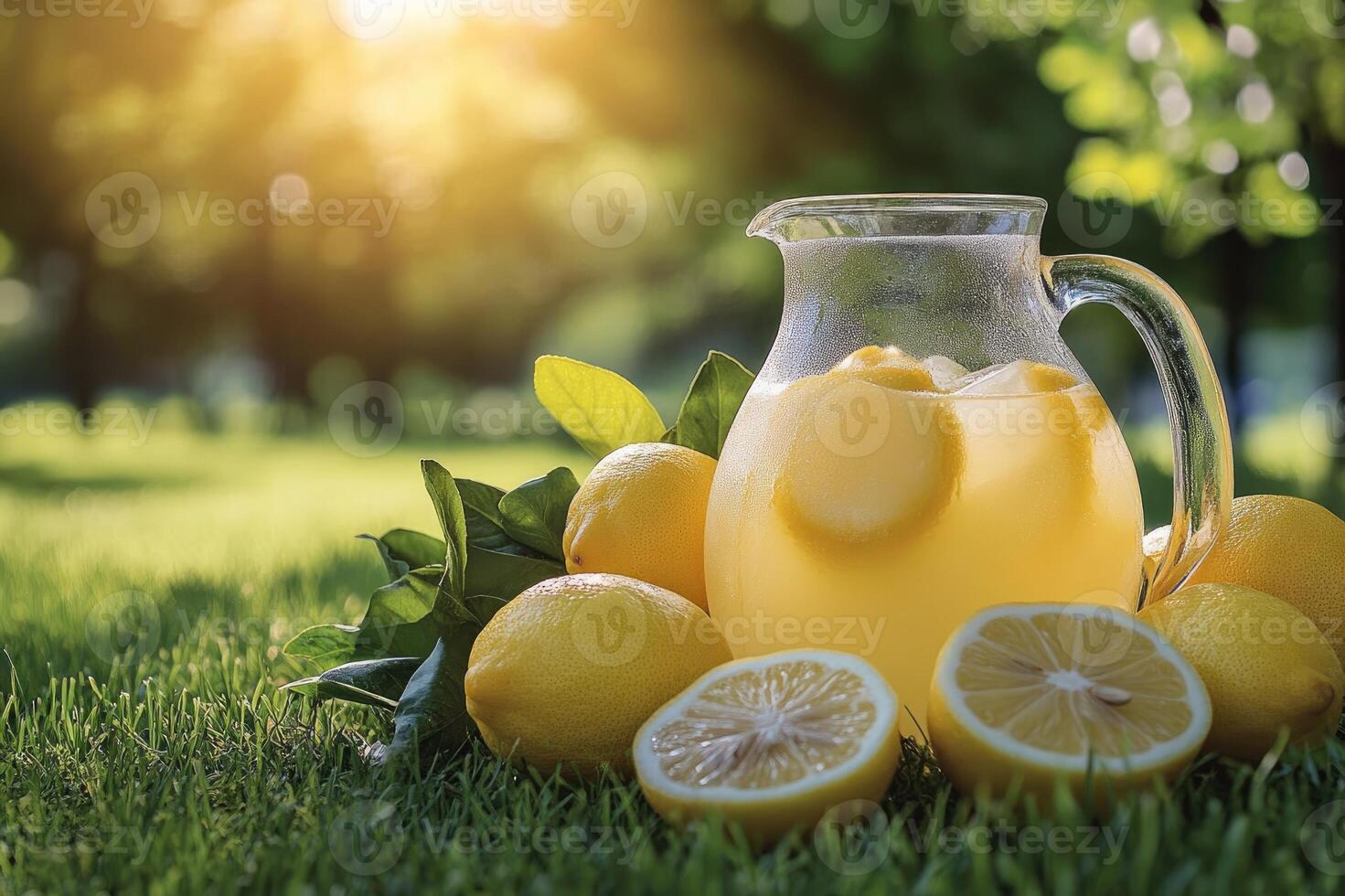 Refreshing lemonade pitcher resting on grass with lemons around photo