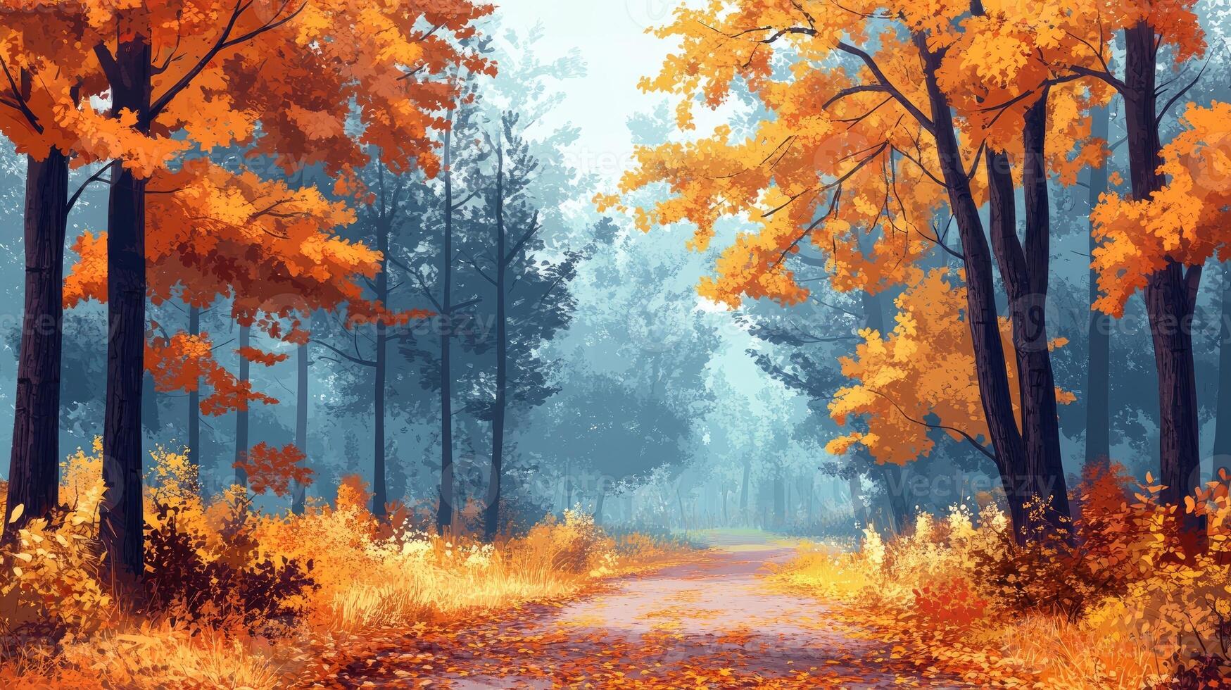 Autumn forest path covered in fallen leaves with fog photo