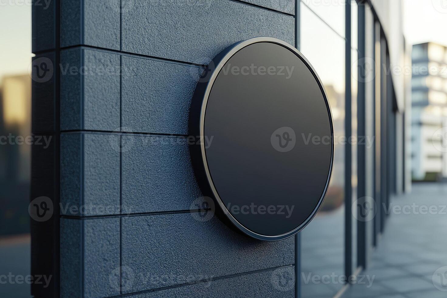 Black circle mockup leaning on concrete wall in minimal gallery photo
