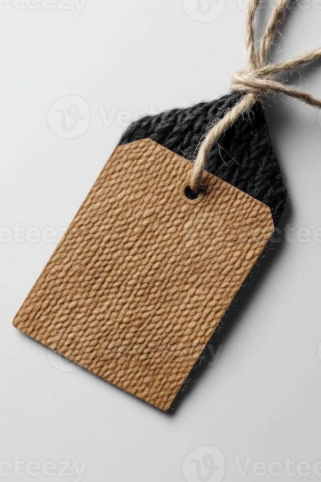 Two blank price tags hanging on a string on white background photo